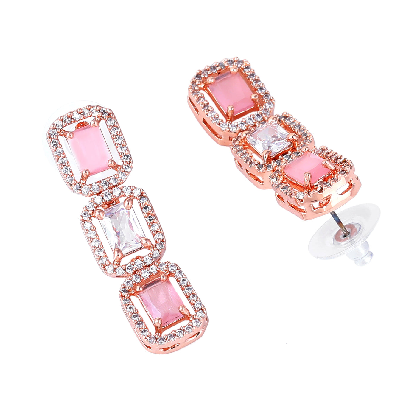 Estele Rose Gold Plated CZ Elegant Necklace Set with Mint Pink Stones for Women