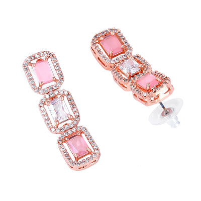 Estele Rose Gold Plated CZ Elegant Necklace Set with Mint Pink Stones for Women