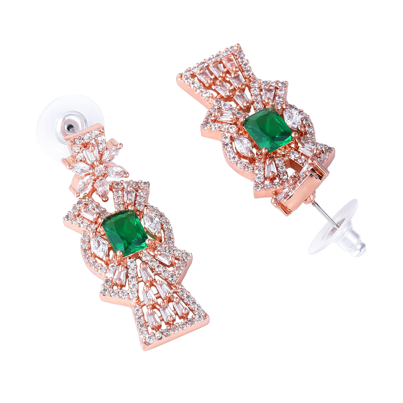 Estele Rose Gold Plated CZ Ravishing Necklace Set with Green Stones for Women