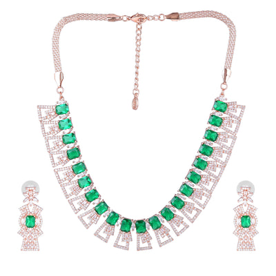 Estele Rose Gold Plated CZ Ravishing Necklace Set with Green Stones for Women