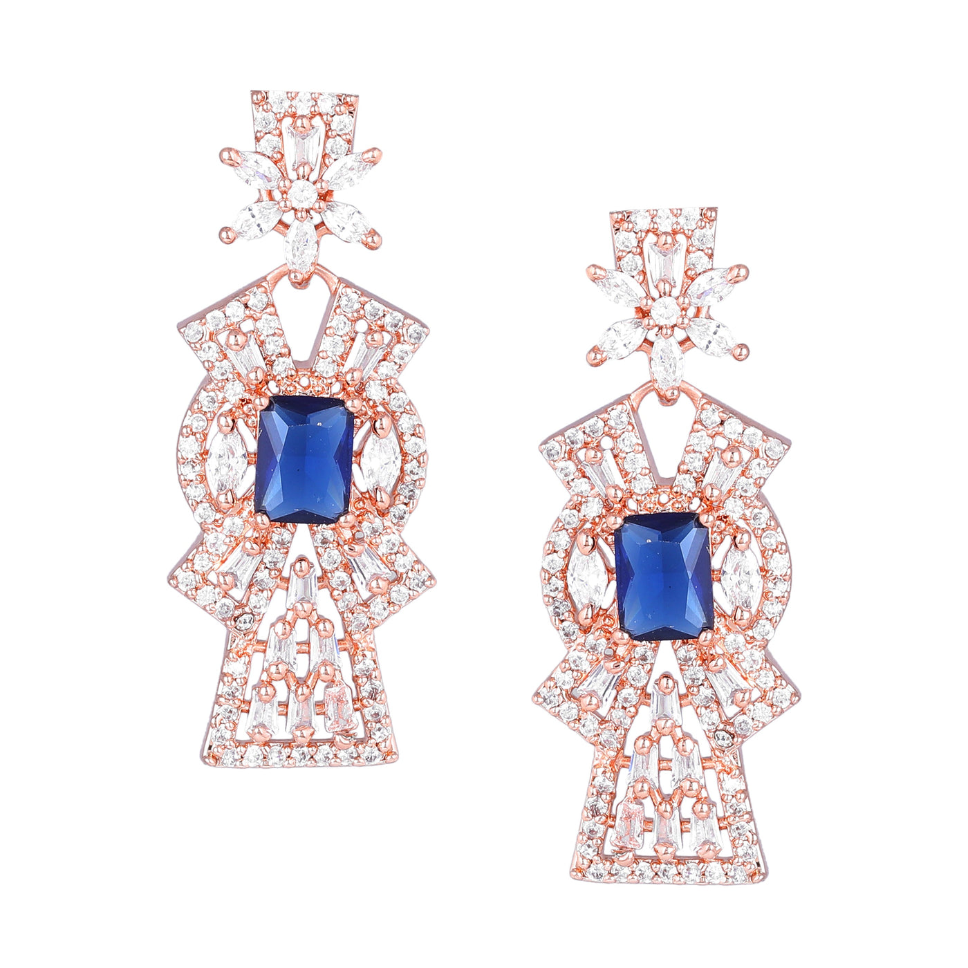 Estele Rose Gold Plated CZ Ravishing Necklace Set with Blue Stones for Women