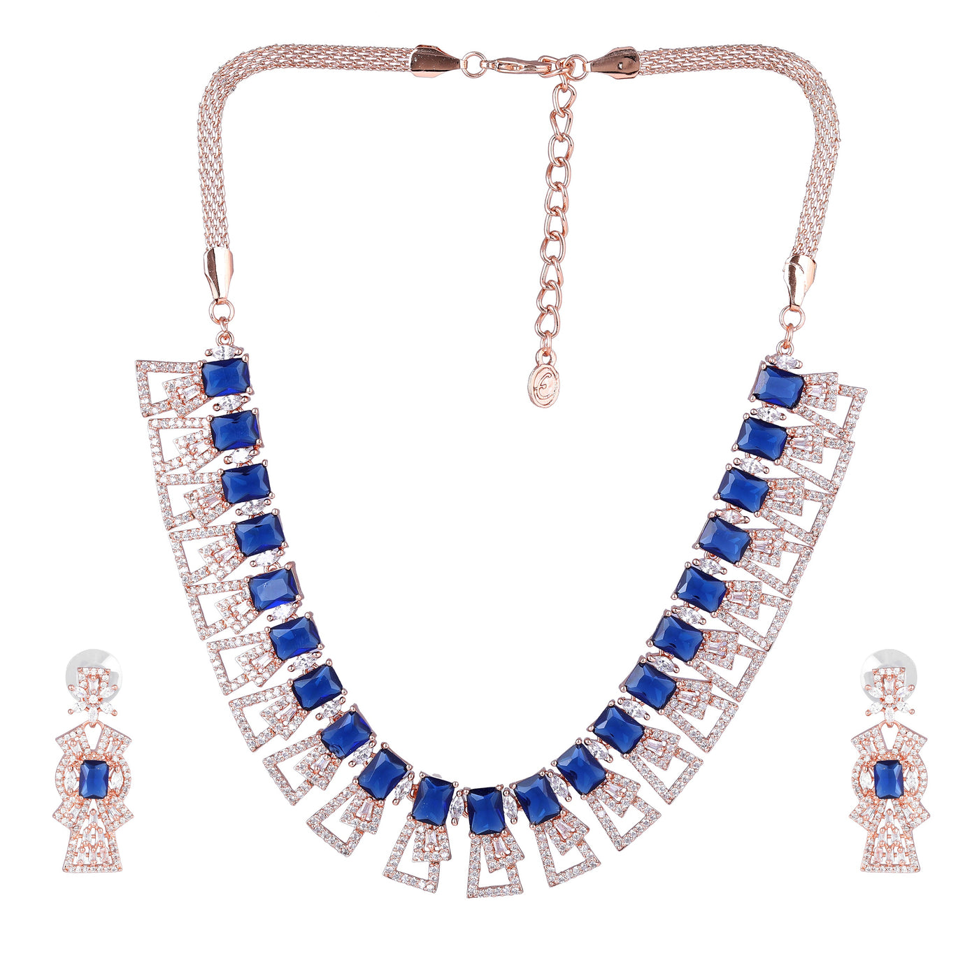 Estele Rose Gold Plated CZ Ravishing Necklace Set with Blue Stones for Women