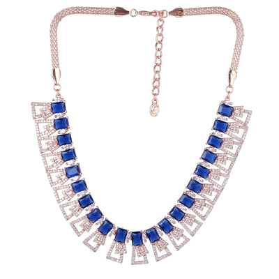 Estele Rose Gold Plated CZ Ravishing Necklace Set with Blue Stones for Women