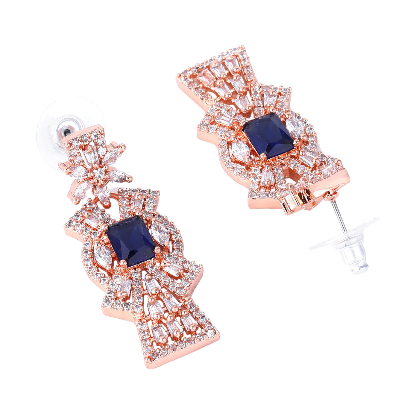 Estele Rose Gold Plated CZ Ravishing Necklace Set with Blue Stones for Women