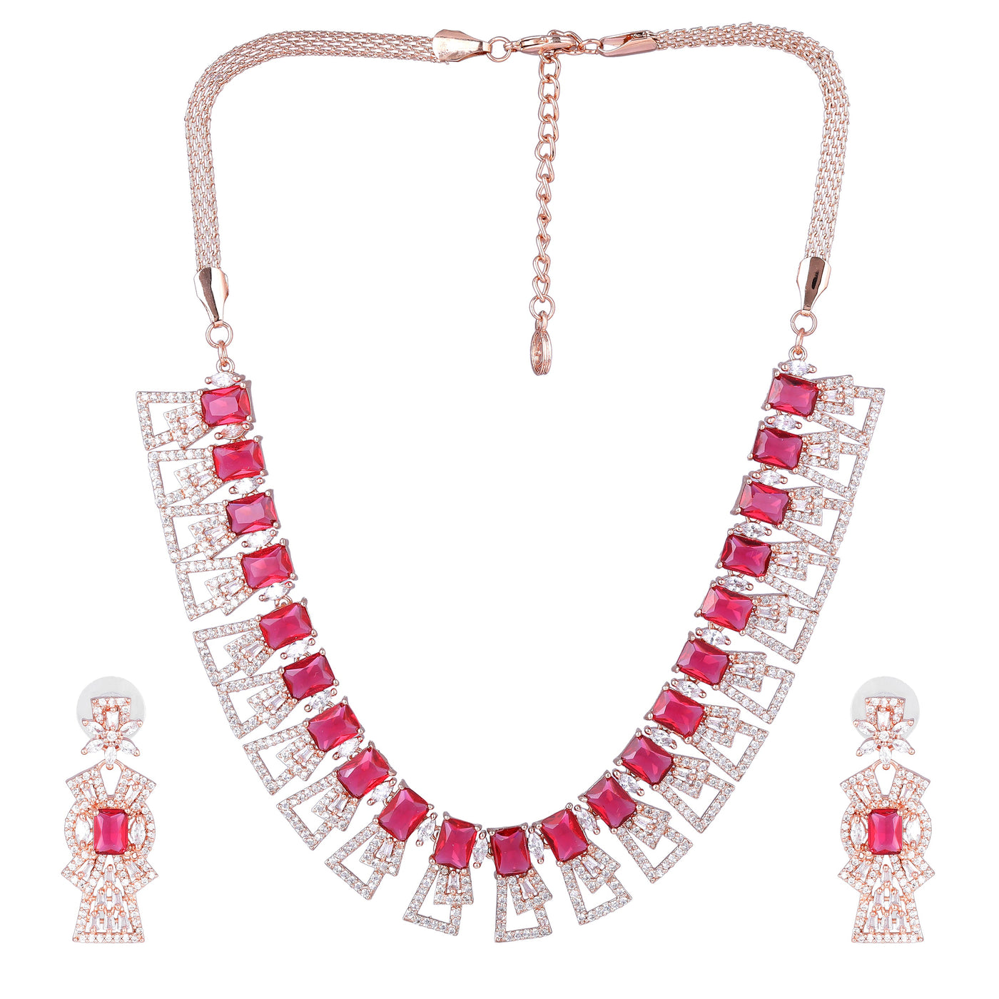 Estele Rose Gold Plated CZ Ravishing Necklace Set with Tourmaline Pink Stones for Women