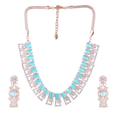 Estele Rose Gold Plated CZ Ravishing Necklace Set with Mint Green Stones for Women