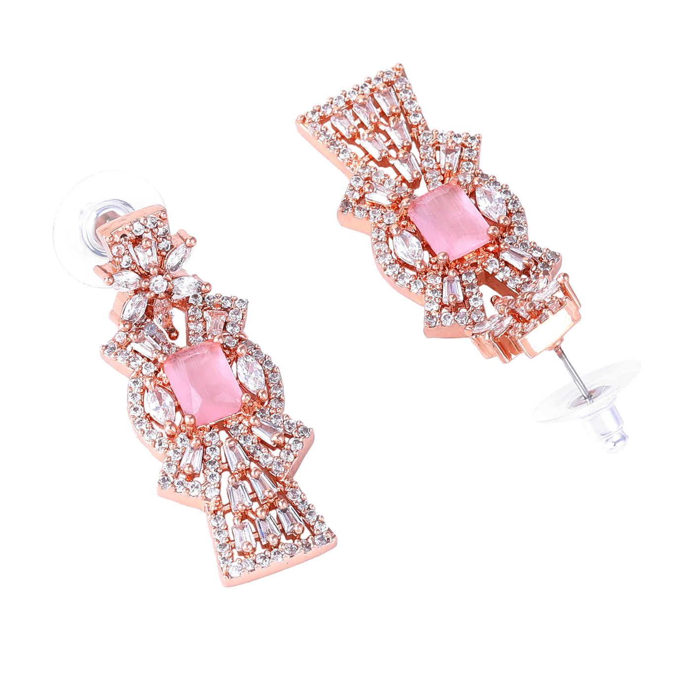 Estele Rose Gold Plated CZ Ravishing Necklace Set with Mint Pink Stones for Women