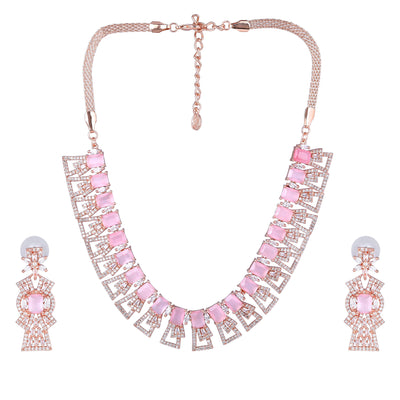 Estele Rose Gold Plated CZ Ravishing Necklace Set with Mint Pink Stones for Women