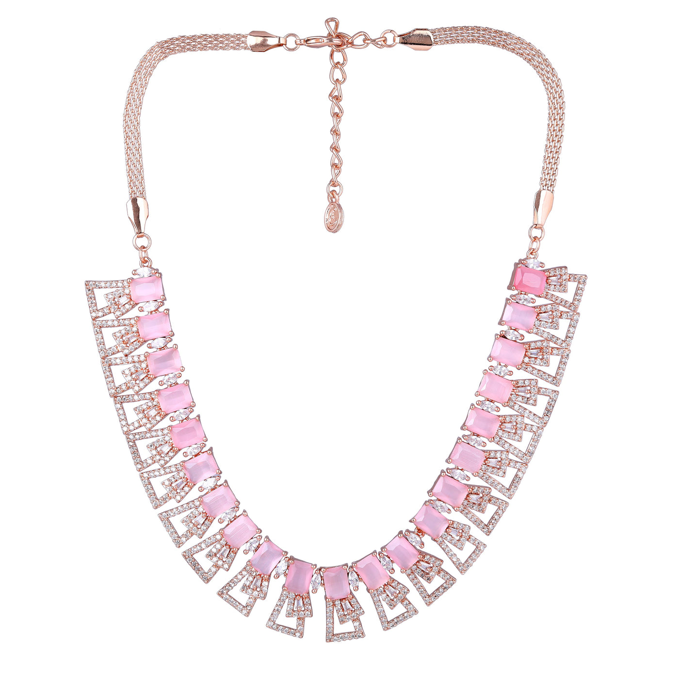 Estele Rose Gold Plated CZ Ravishing Necklace Set with Mint Pink Stones for Women