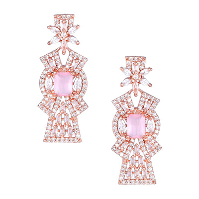 Estele Rose Gold Plated CZ Ravishing Necklace Set with Mint Pink Stones for Women