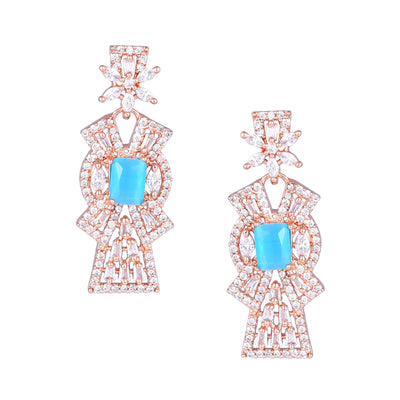 Estele Rose Gold Plated CZ Ravishing Necklace Set with Tourquoise Blue Stones for Women