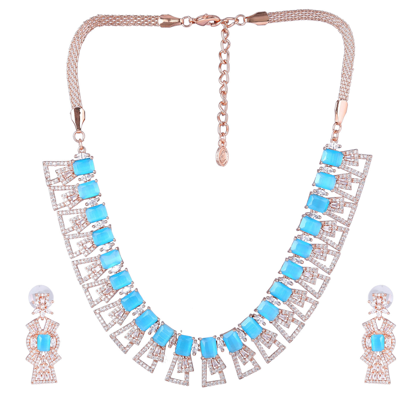 Estele Rose Gold Plated CZ Ravishing Necklace Set with Tourquoise Blue Stones for Women