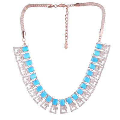 Estele Rose Gold Plated CZ Ravishing Necklace Set with Tourquoise Blue Stones for Women