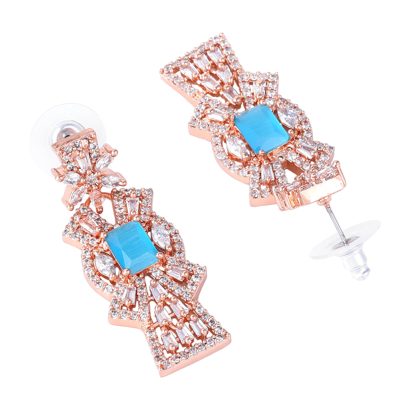 Estele Rose Gold Plated CZ Ravishing Necklace Set with Tourquoise Blue Stones for Women