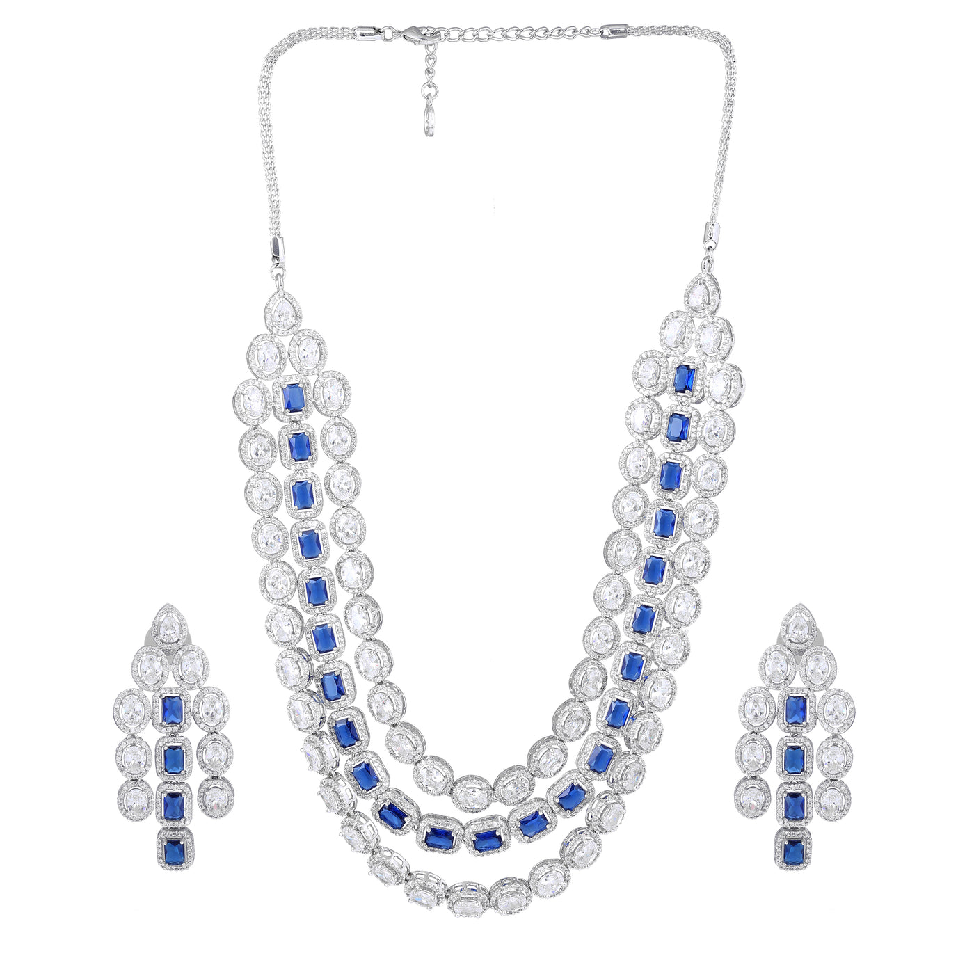 Estele Rhodium Plated CZ Spectacular Three Line Necklace Set with Blue Stones for Women