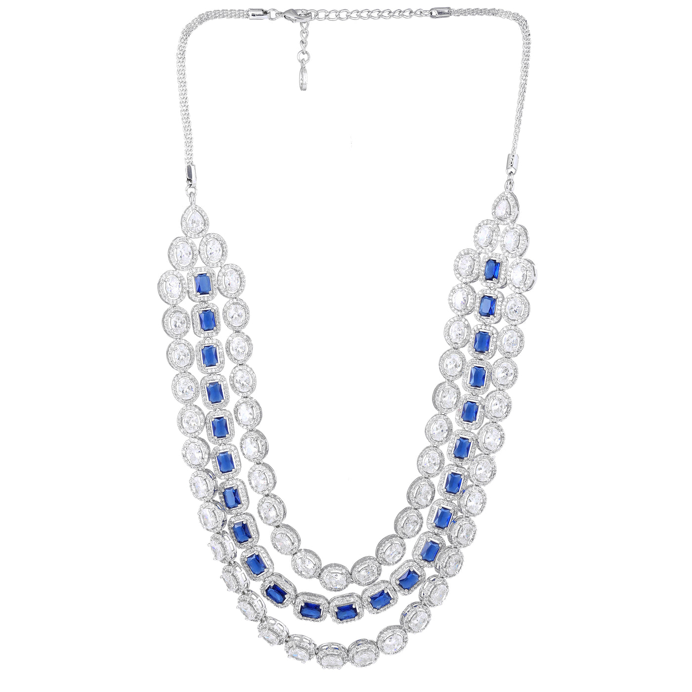 Estele Rhodium Plated CZ Spectacular Three Line Necklace Set with Blue Stones for Women