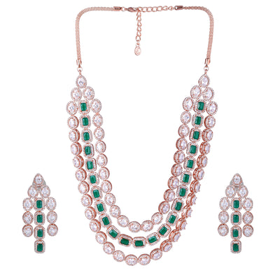 Estele Rose Gold Plated CZ Spectacular Triple Line Necklace Set with Green Stones for Women