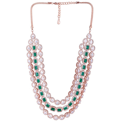 Estele Rose Gold Plated CZ Spectacular Triple Line Necklace Set with Green Stones for Women