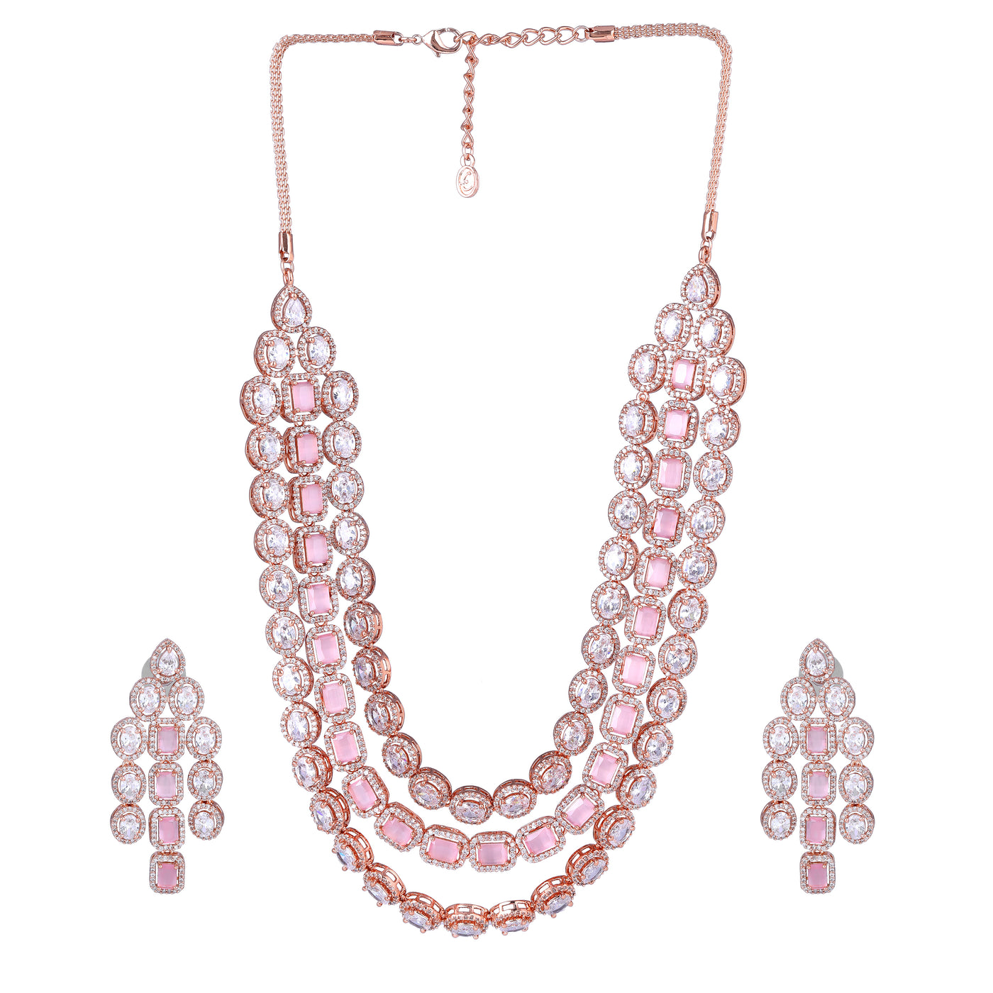 Estele Rose Gold Plated CZ Spectacular Three Line Necklace Set with Mint Pink Stones for Women