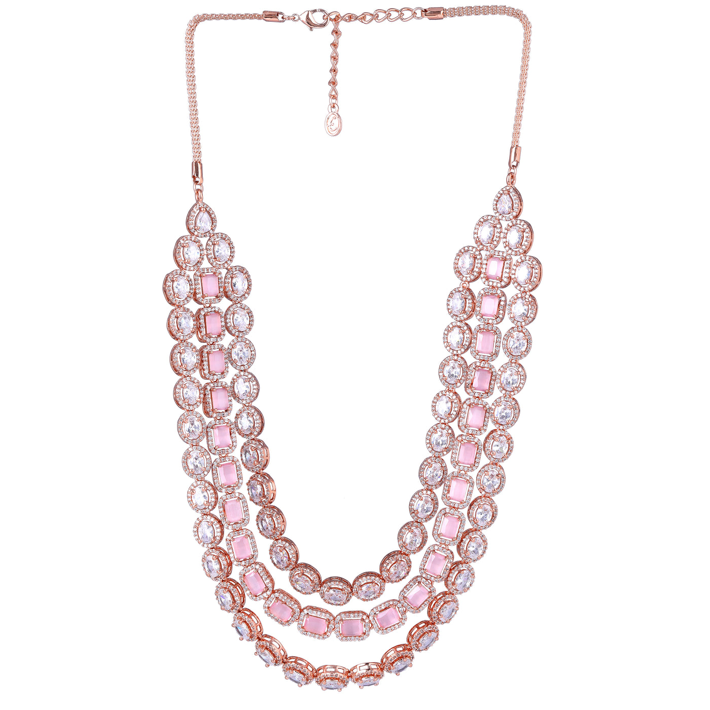 Estele Rose Gold Plated CZ Spectacular Three Line Necklace Set with Mint Pink Stones for Women