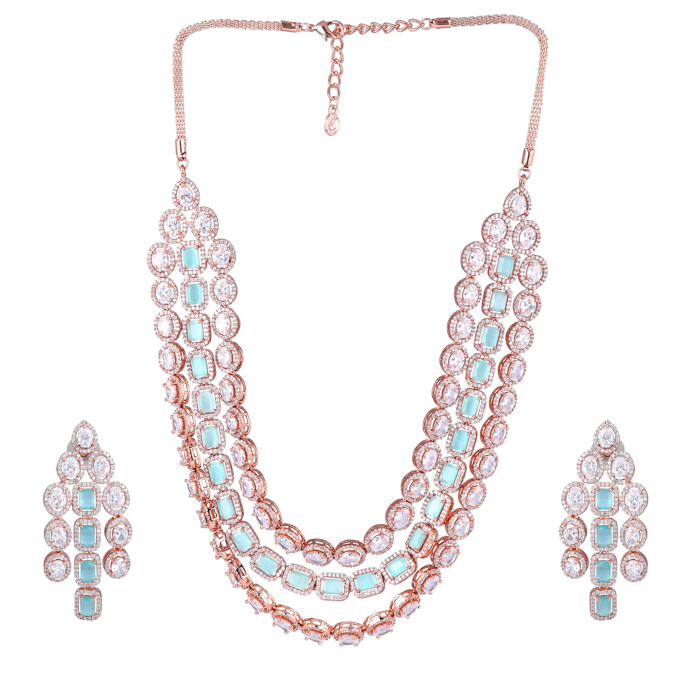 Estele Rose Gold Plated CZ Spectacular Triple Line Necklace Set with Mint Green Stones for Women