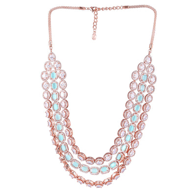 Estele Rose Gold Plated CZ Spectacular Triple Line Necklace Set with Mint Green Stones for Women