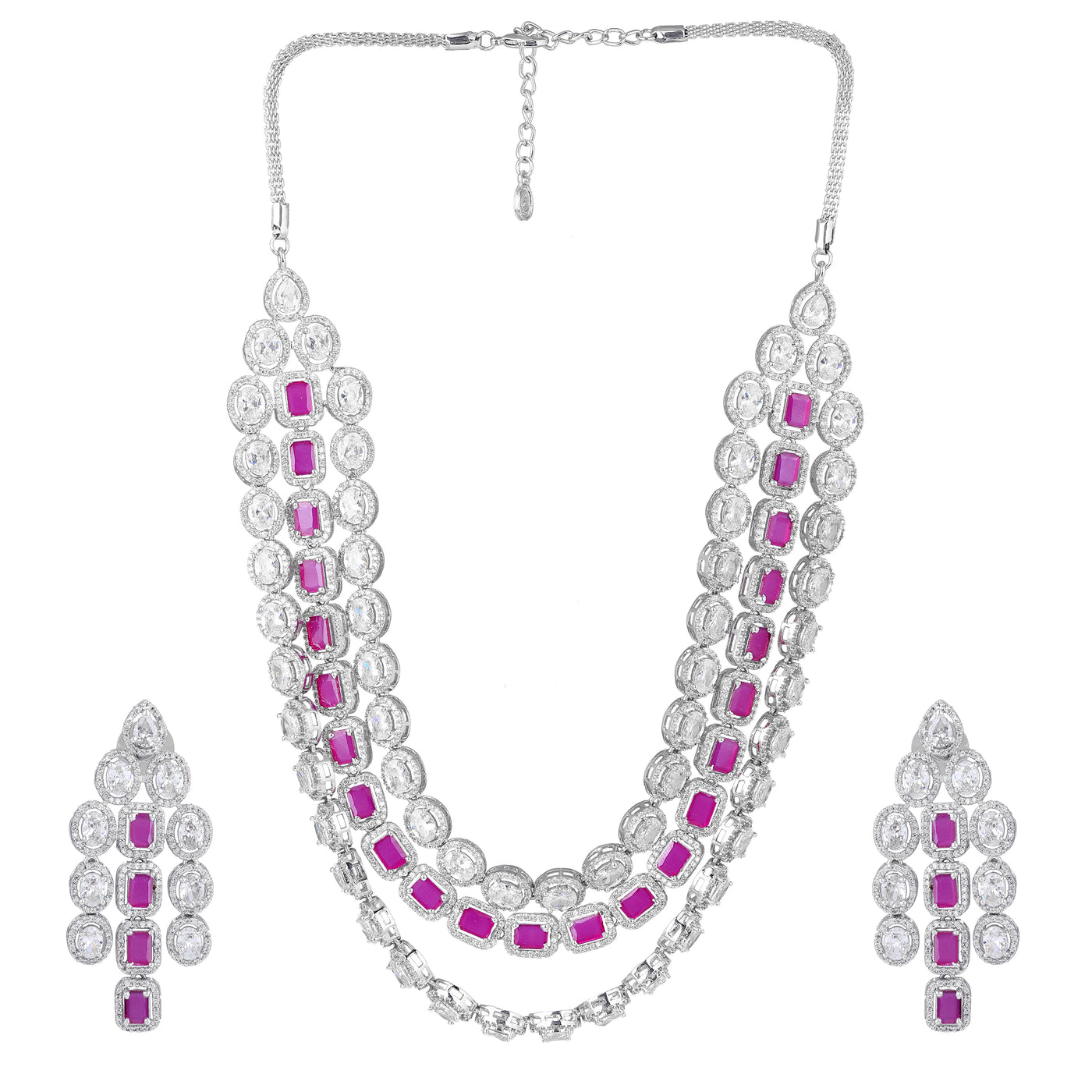 Estele Rhodium Plated CZ Spectacular Three Line Necklace Set with Ruby Stones for Women