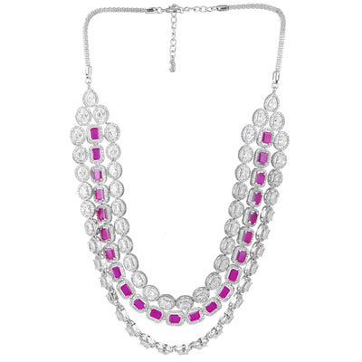 Estele Rhodium Plated CZ Spectacular Three Line Necklace Set with Ruby Stones for Women