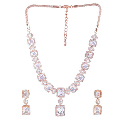 Estele Rose Gold Plated CZ Shimmering Square Designer Necklace Set with White Stones for Women