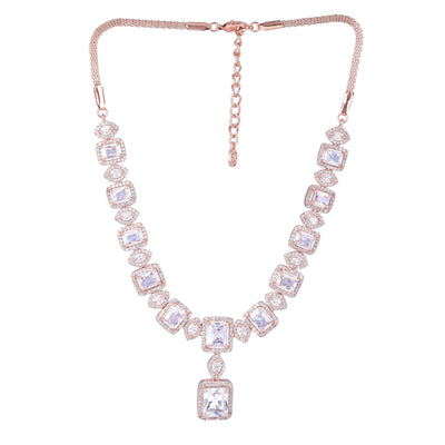 Estele Rose Gold Plated CZ Shimmering Square Designer Necklace Set with White Stones for Women