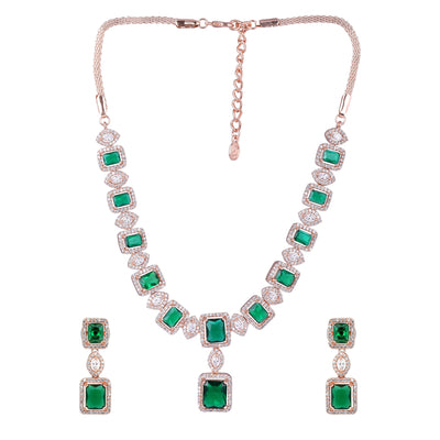 Estele Rose Gold Plated CZ Shimmering Square Designer Necklace Set with Green Stones for Women