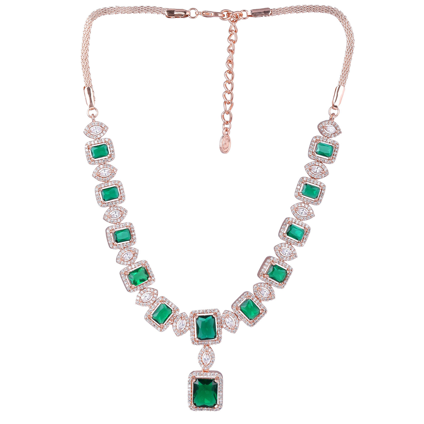 Estele Rose Gold Plated CZ Shimmering Square Designer Necklace Set with Green Stones for Women