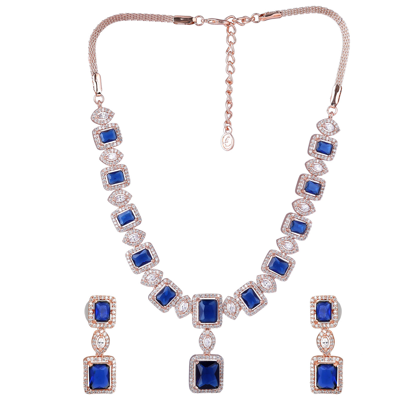 Estele Rose Gold Plated CZ Shimmering Square Designer Necklace Set with Blue Stones for Women