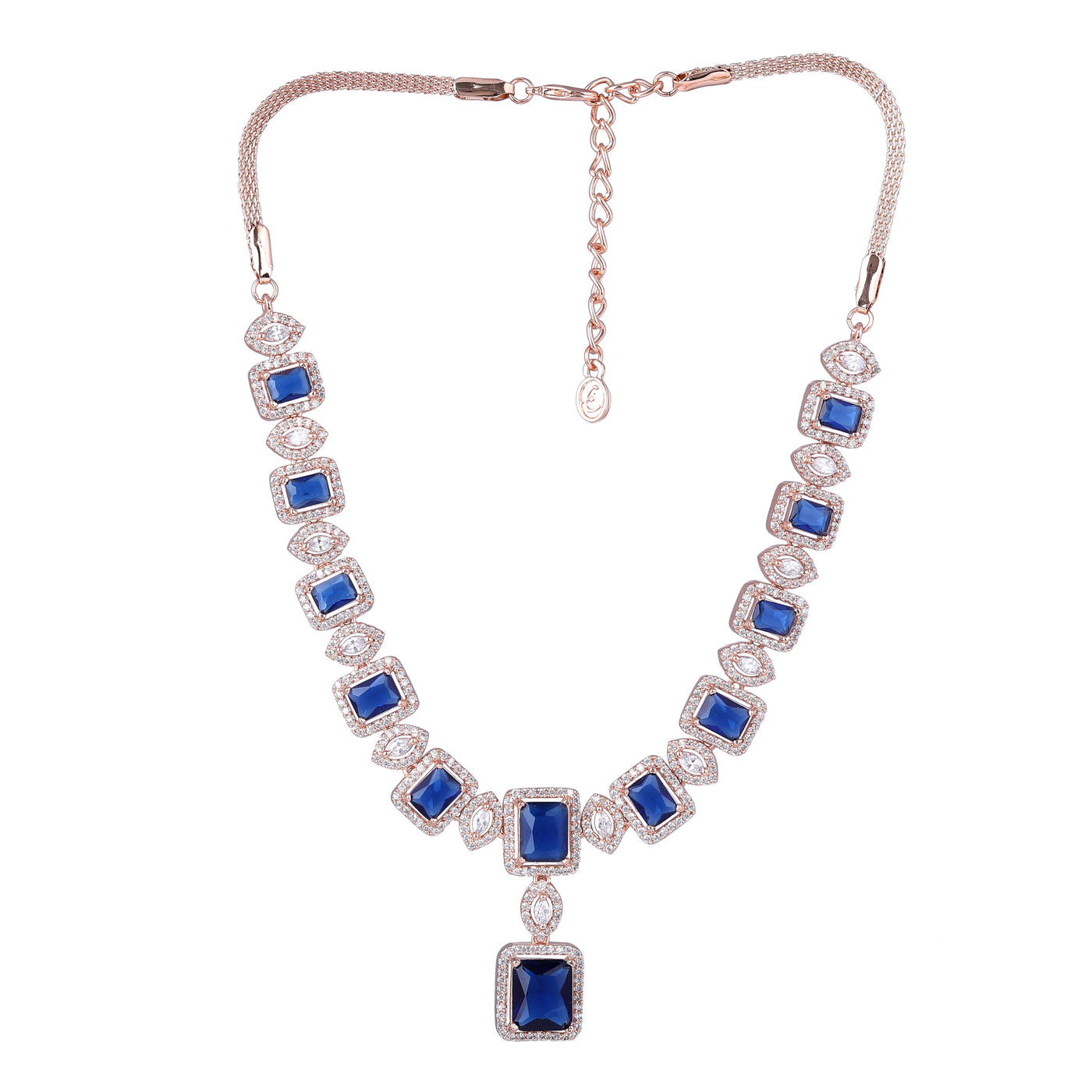 Estele Rose Gold Plated CZ Shimmering Square Designer Necklace Set with Blue Stones for Women