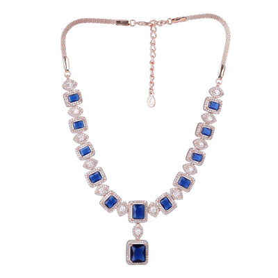 Estele Rose Gold Plated CZ Shimmering Square Designer Necklace Set with Blue Stones for Women