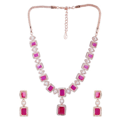 Estele Rose Gold Plated CZ Shimmering Square Designer Necklace Set with Ruby Stones for Women