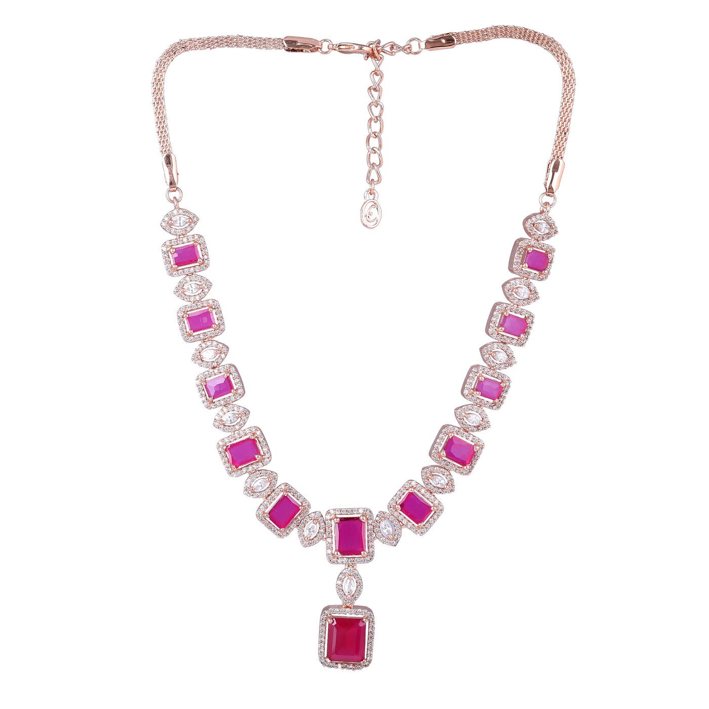 Estele Rose Gold Plated CZ Shimmering Square Designer Necklace Set with Ruby Stones for Women