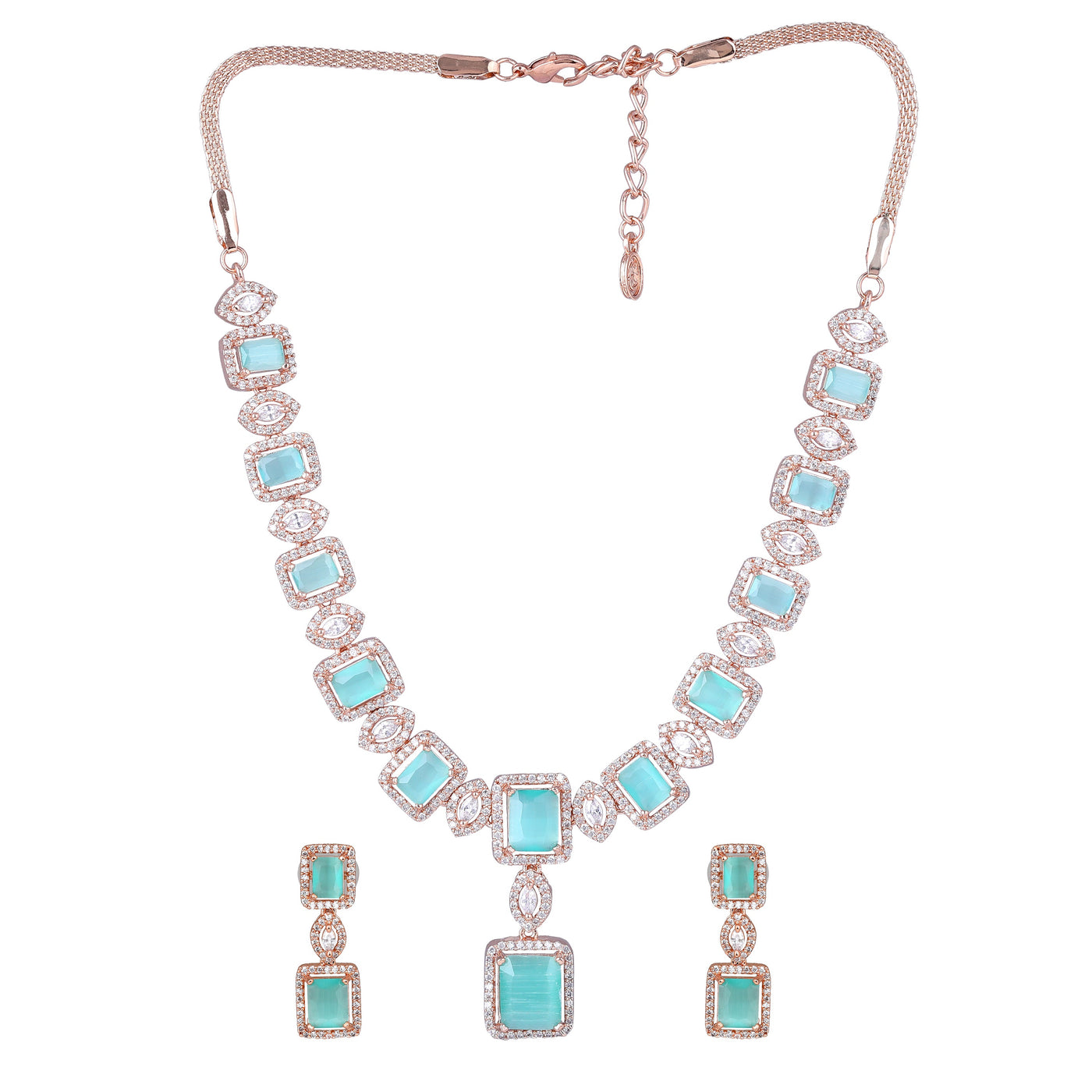 Estele Rose Gold Plated CZ Shimmering Square Designer Necklace Set with Mint Green Stones for Women