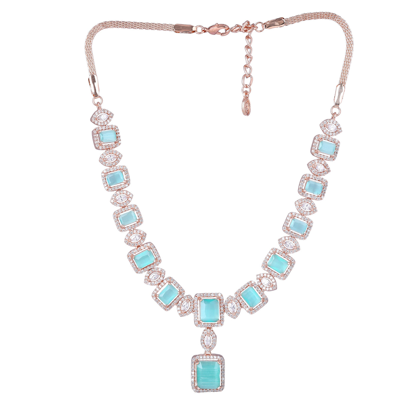 Estele Rose Gold Plated CZ Shimmering Square Designer Necklace Set with Mint Green Stones for Women