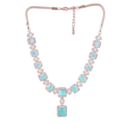 Estele Rose Gold Plated CZ Shimmering Square Designer Necklace Set with Mint Green Stones for Women