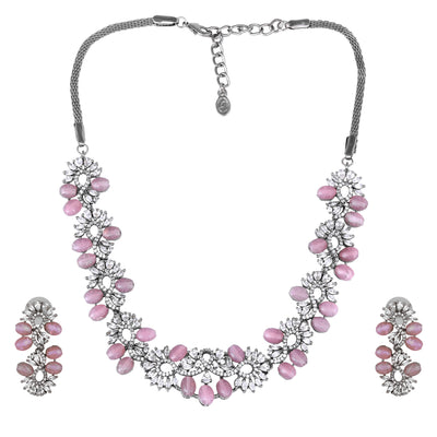 Estele Victorian Plated CZ Glittering Necklace Set with Mint Pink Beads for Women