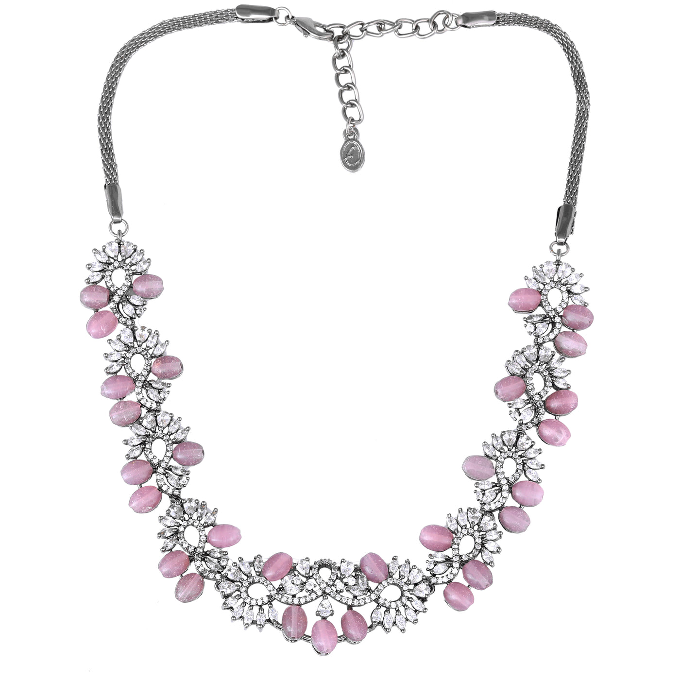 Estele Victorian Plated CZ Glittering Varya Necklace Set with Mint Pink Beads for Girls & Women