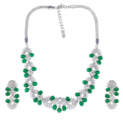 Estele Rhodium Plated CZ Glittering Necklace Set with Green Beads for Women