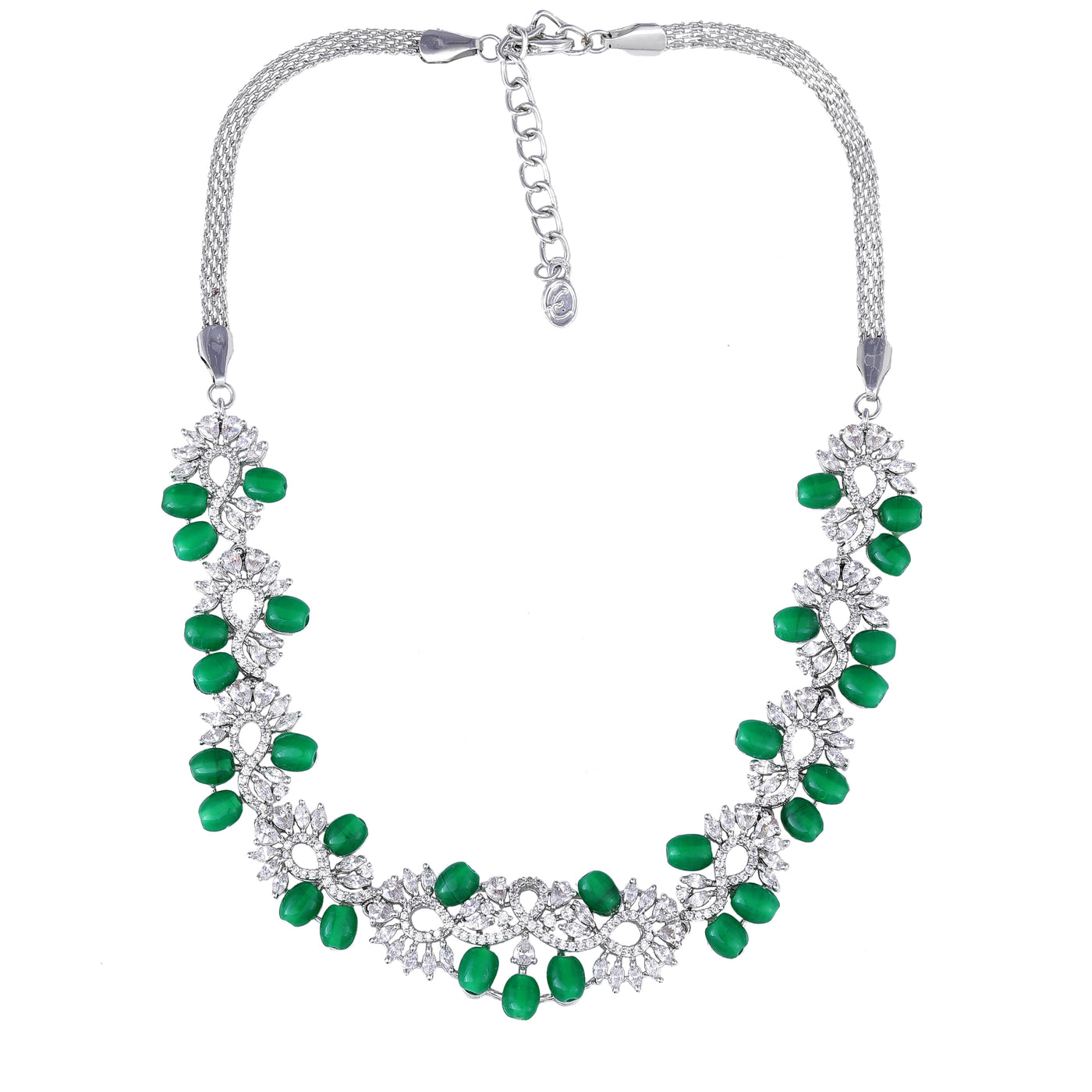 Estele Rhodium Plated CZ Glittering Necklace Set with Green Beads for Women