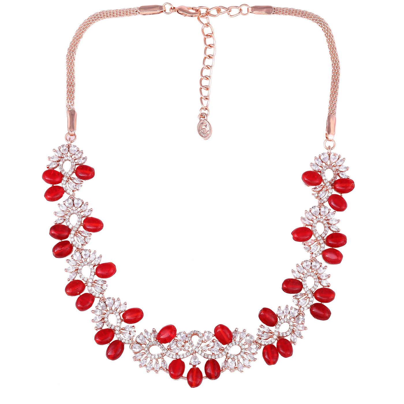 Estele Rose Gold Plated CZ Glittering Necklace Set with Ruby Beads for Women