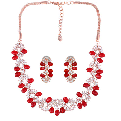 Estele Rose Gold Plated CZ Glittering Necklace Set with Ruby Beads for Women