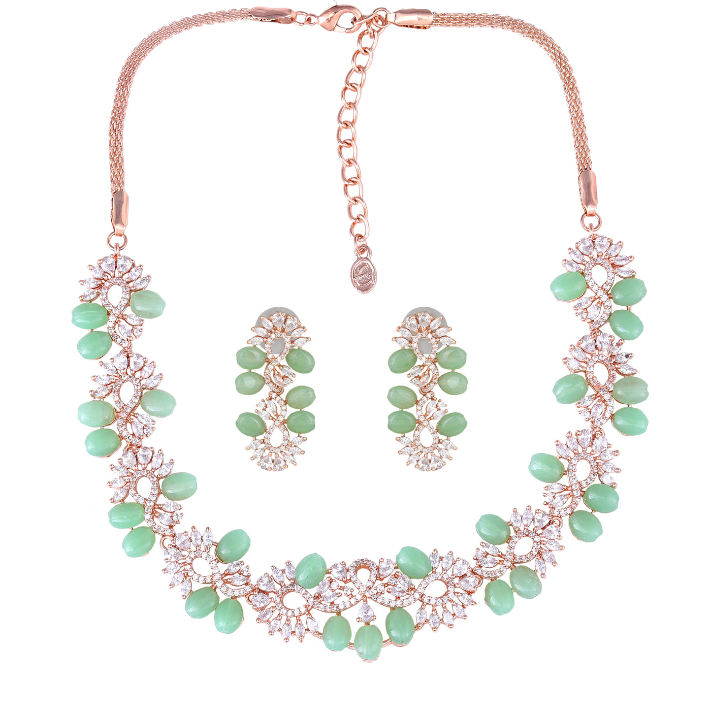 Estele Rose Gold Plated CZ Glittering Necklace Set with Mint Green Beads for Women