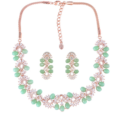 Estele Rose Gold Plated CZ Glittering Necklace Set with Mint Green Beads for Women