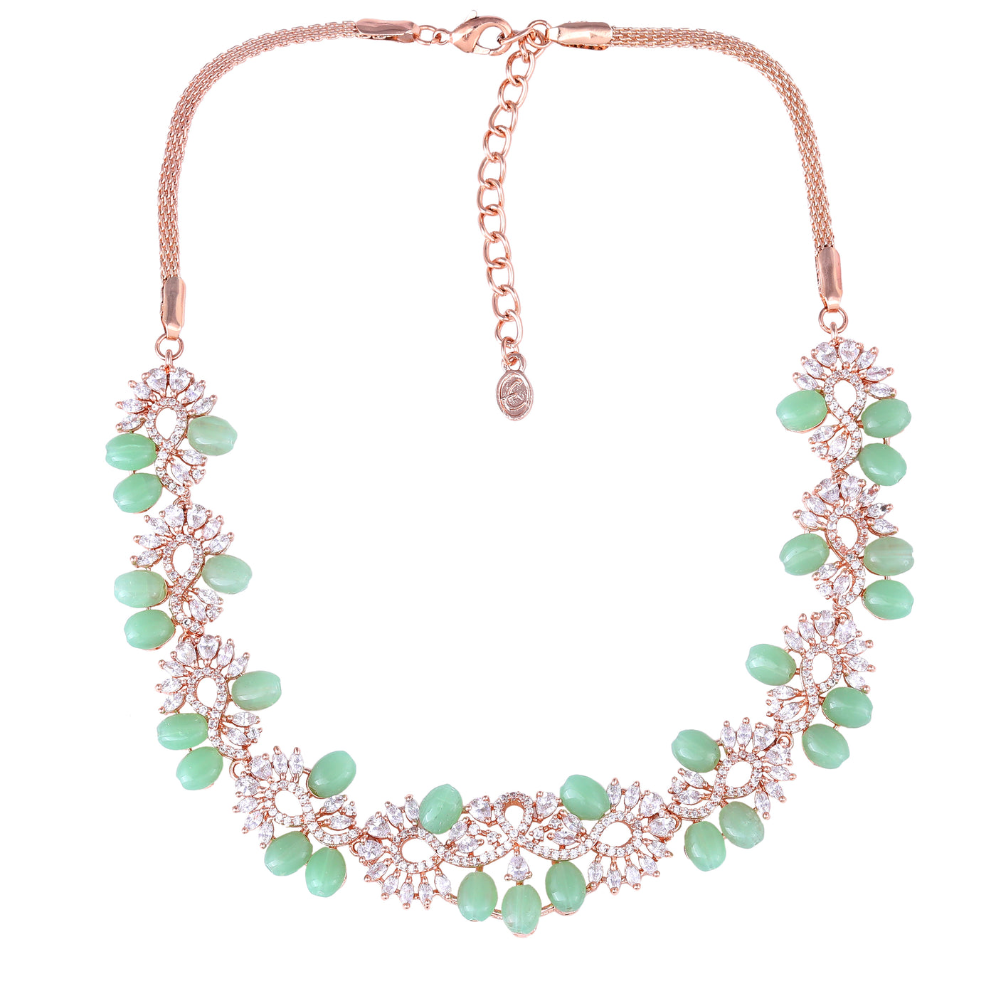 Estele Rose Gold Plated CZ Glittering Necklace Set with Mint Green Beads for Women