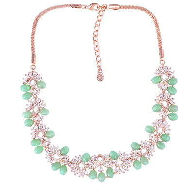 Estele Rose Gold Plated CZ Glittering Necklace Set with Mint Green Beads for Women